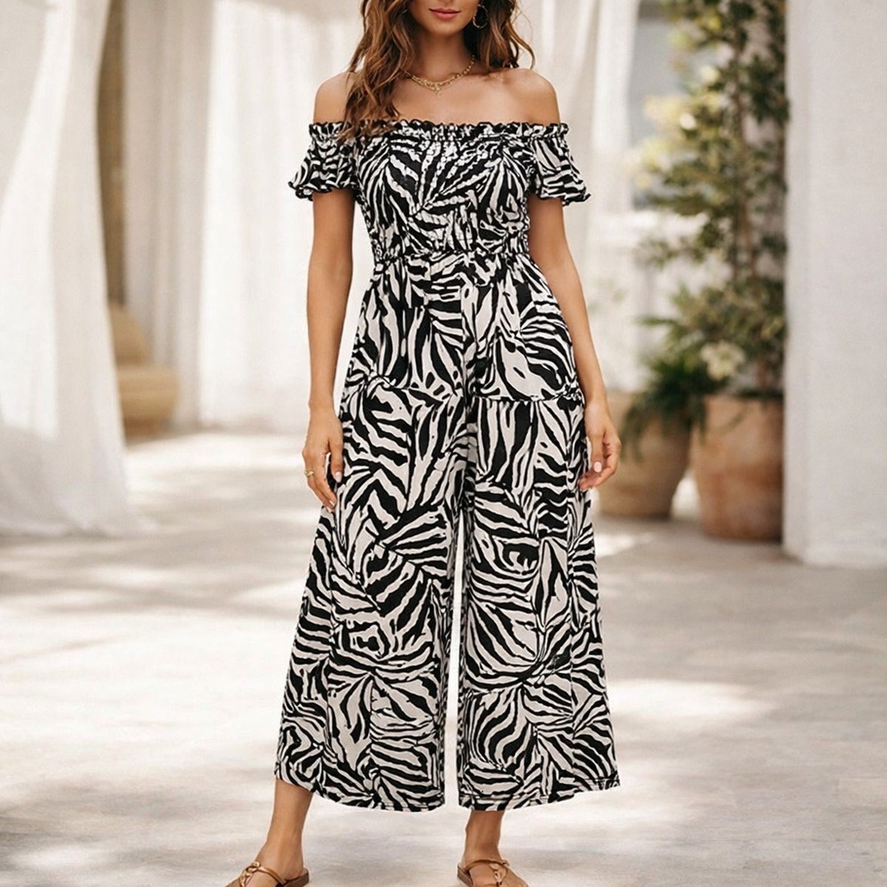 Zebra Print Off Shoulder Smocked Jumpsuit Boho Wide‎ Leg Size S Patrons of Peace
